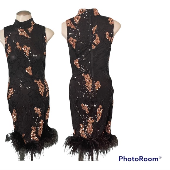 Fashion Nova Dress 👗 Rose Gold & Black w/ added feathers Size Small Worn Once - Picture 2 of 3